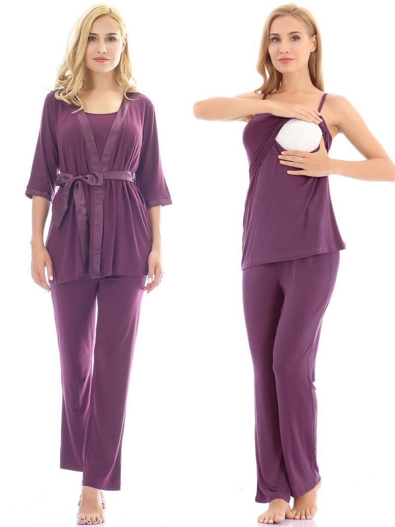 Bearsland Maternity Women's 3 Pieces Soft Nursing Pajamas Set Postpartum Sleepwear for Breastfeeding - Image 1
